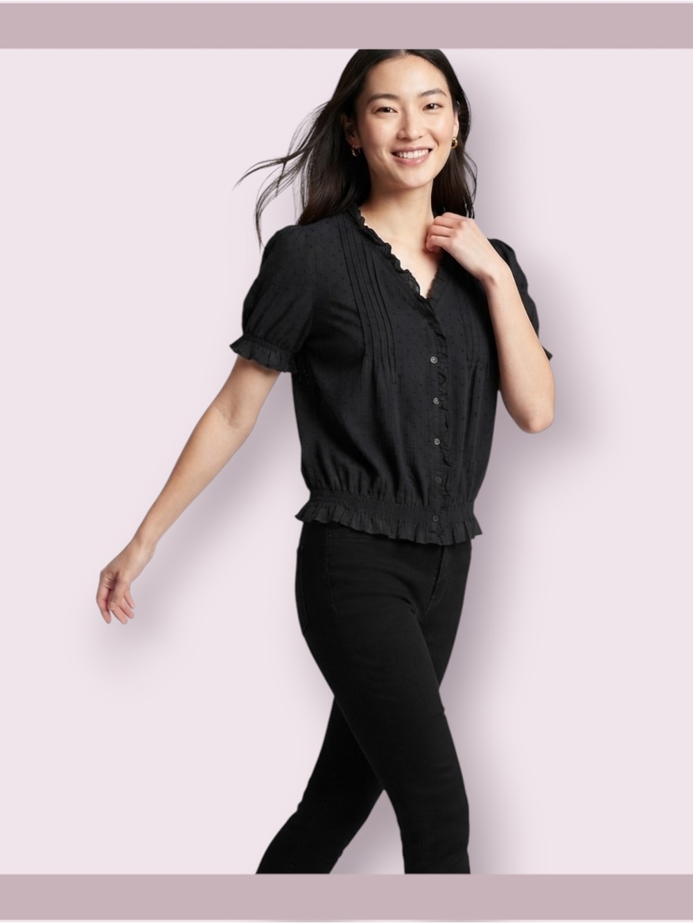 Uniqlo Cotton Dobby Swiss Dot V-Neck Blouse